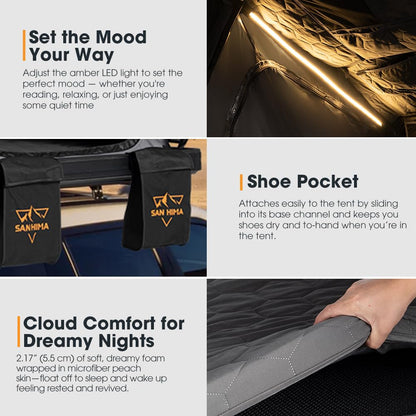 SanHima Rooftop Tent Hard Shell - CapeTop Overland Aluminium Fold-Out Roof Top Tent 131.5LBS Lightweight, w/Digital Panel & Tri-Color LED Strip Light, for Car SUV Truck Camping, 2-3 People