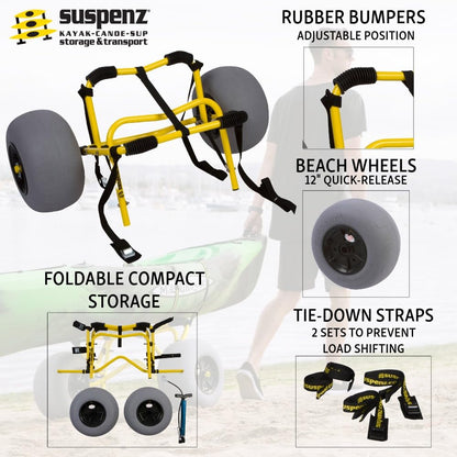 Suspenz Kayak Beach Cart Trailer, DLX Canoe Trolley with Balloon Wheels Sand Tires and Straps, Yellow, Flat Platform, 22-7044