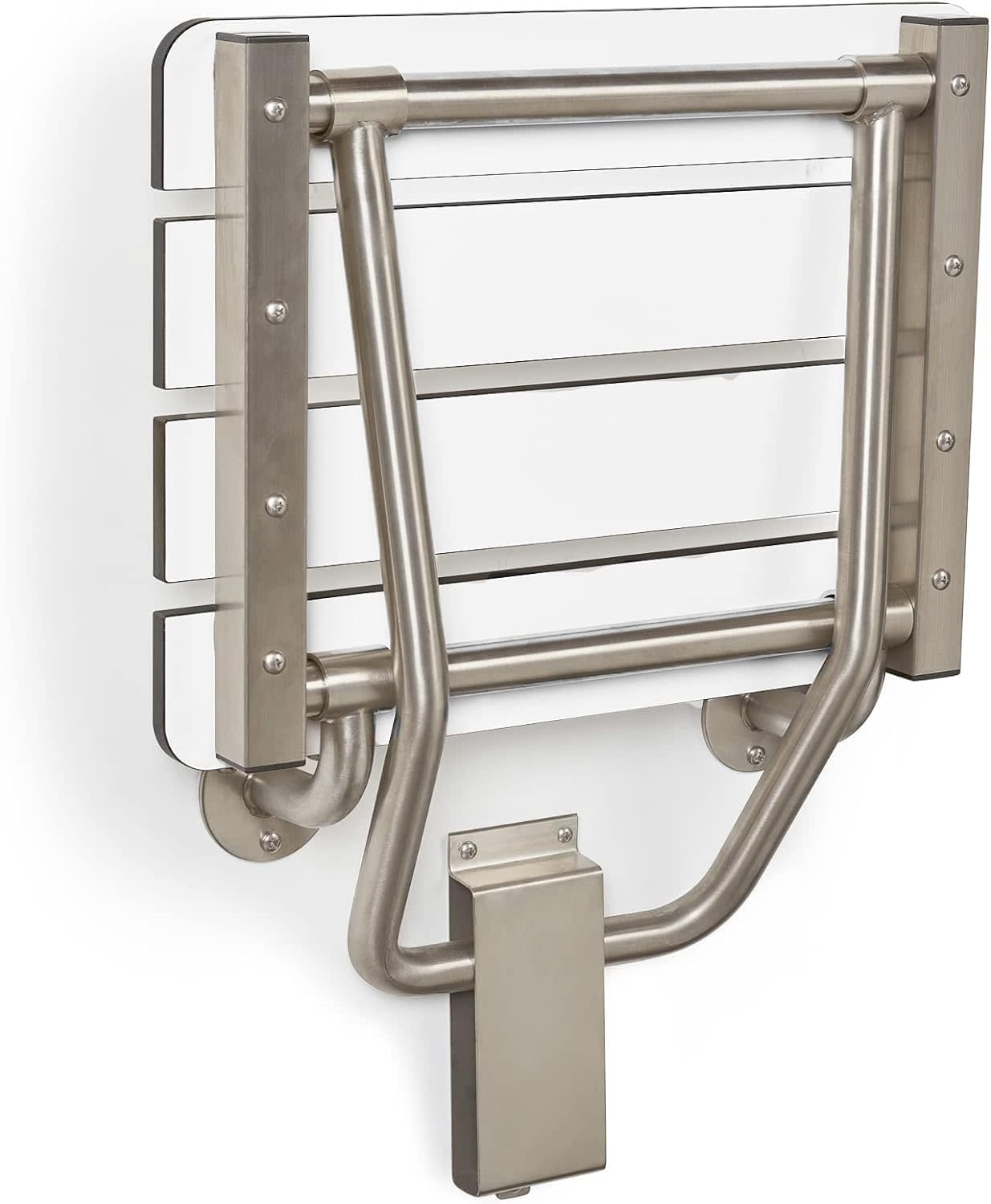 30" x 15" Phenolic White 3” Slats Folding Wall Mount Shower Seat Bench, ADA Compliant