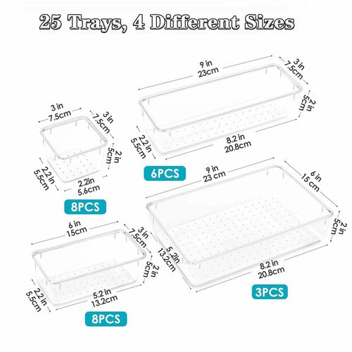 ChefktCove 25-Piece Clear Plastic Drawer Organizer Set, 4-Size Versatile Storage Bins & Trays | Non-Slip Bathroom, Vanity, Kitchen, Office & Bedroom Drawer Organizers for Makeup, Jewelry, Utensils & M