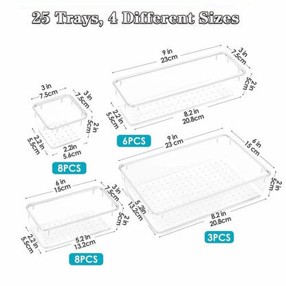 ChefktCove 25-Piece Clear Plastic Drawer Organizer Set, 4-Size Versatile Storage Bins & Trays | Non-Slip Bathroom, Vanity, Kitchen, Office & Bedroom Drawer Organizers for Makeup, Jewelry, Utensils & M