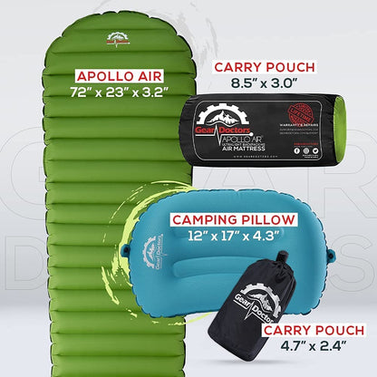 Gear Doctors Ultralight 17oz Apollo-Air Sleeping pad + Teal Anti Slip Camping Pillow Duo, 5.2 R-Value 4 Season Air Mattress with Ergonomic Ultralight Pillow The Size of A Soda Can