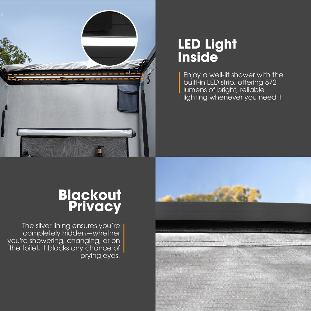 SanHima 2 Room Awning Shower Tent with Roof - Car Side Shower Room w/LED Light, Camping Waterproof Portable Privacy Shelter Bathroom Overland, Gray