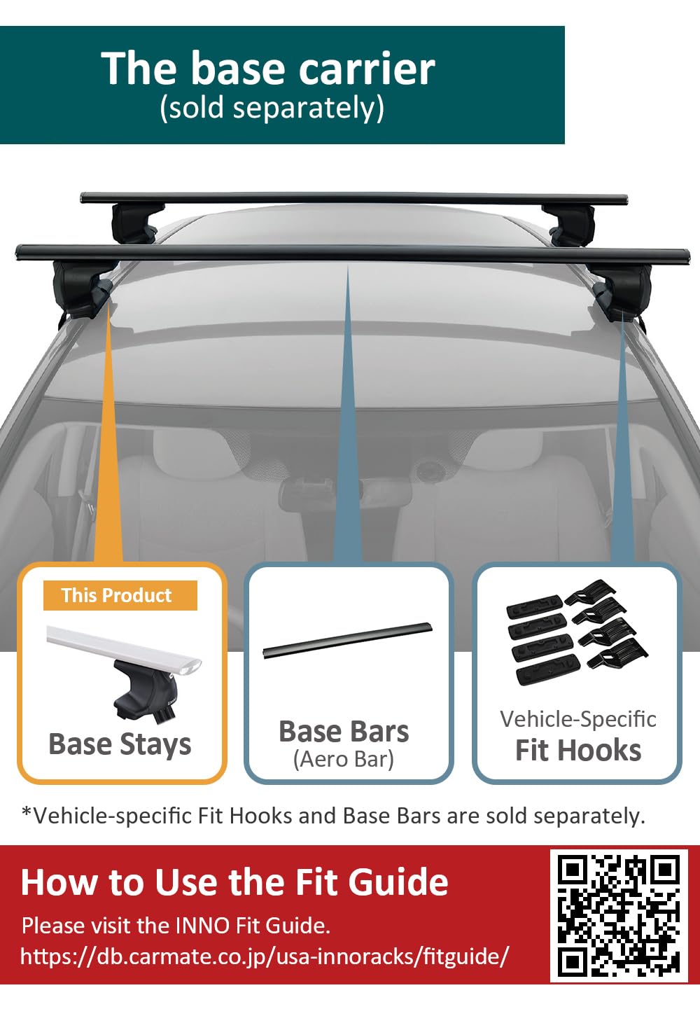 INNO XS250 Aero Low Profile Base Stays for Smooth Roof THROUGH (Set of 4) , Black , 2 7/8 in (73 mm)