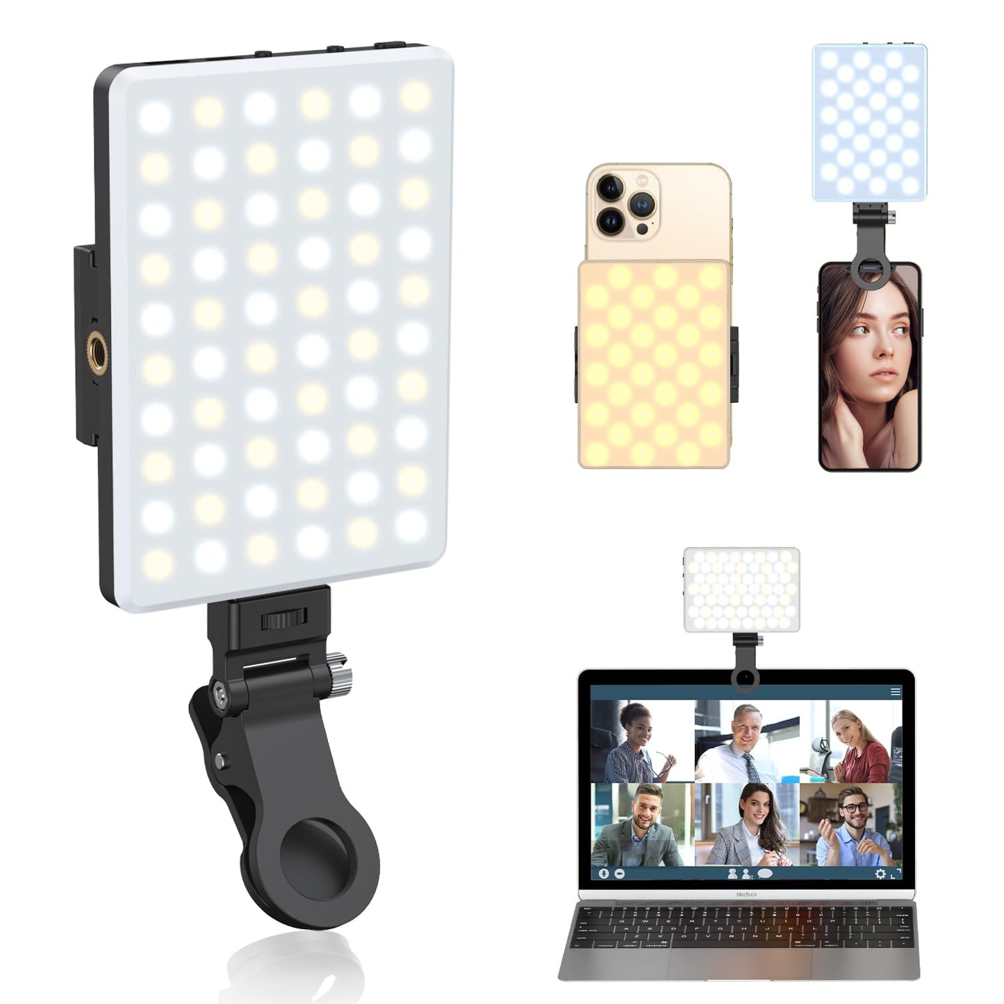 Selfie Light, Phone Light with Front & Back Clip, 60 LED Portable Light with 3 Modes, 5000mAh Rechargeable Video Light for Phone, iPhone, IPad, Laptop, TikTok, Makeup, Live Stream, Vlog