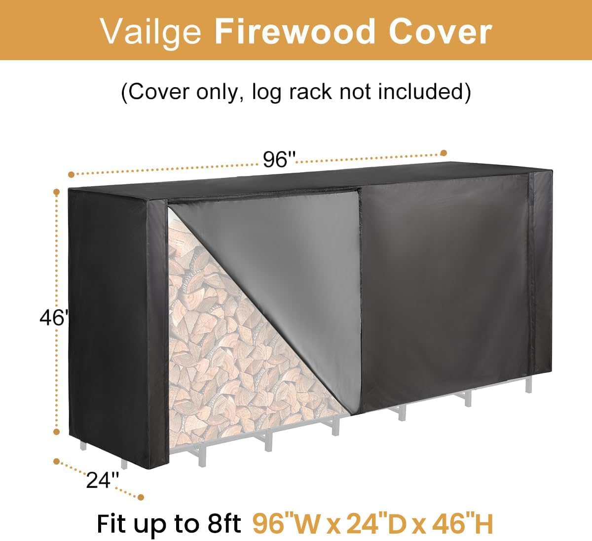 Vailge Firewood Rack Cover - Waterproof 8FT Outdoor Protector with Full Zipper & Windproof Straps