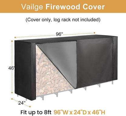 Vailge Firewood Rack Cover - Waterproof 8FT Outdoor Protector with Full Zipper & Windproof Straps