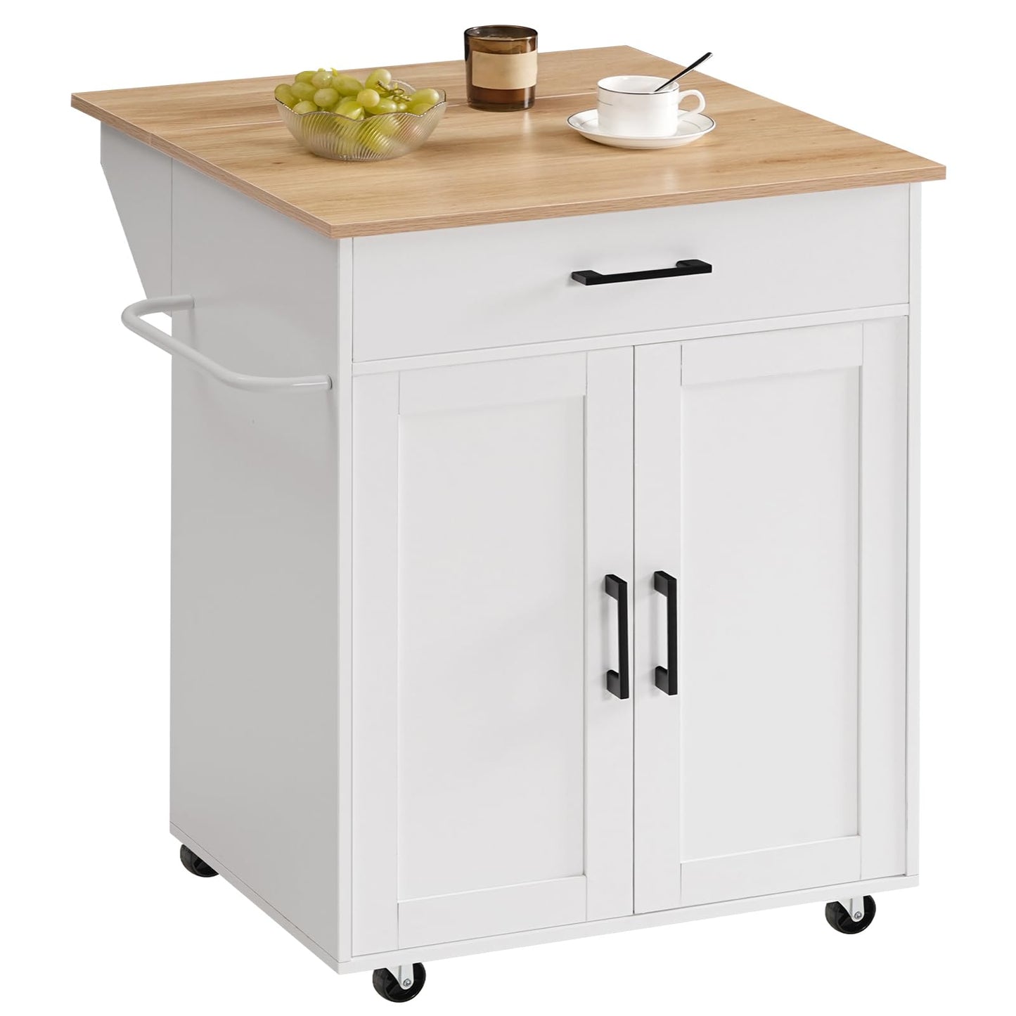 MAHANCRIS Kitchen Island on Wheels with Drop Leaf, Folding Countertop Kitchen Island Cart, Kitchen Island Table with Towel Rack, Drawer, for Kitchen, Dining Room, White and Natural KINW12501
