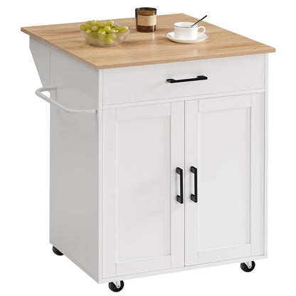 MAHANCRIS Kitchen Island on Wheels with Drop Leaf, Folding Countertop Kitchen Island Cart, Kitchen Island Table with Towel Rack, Drawer, for Kitchen, Dining Room, White and Natural KINW12501