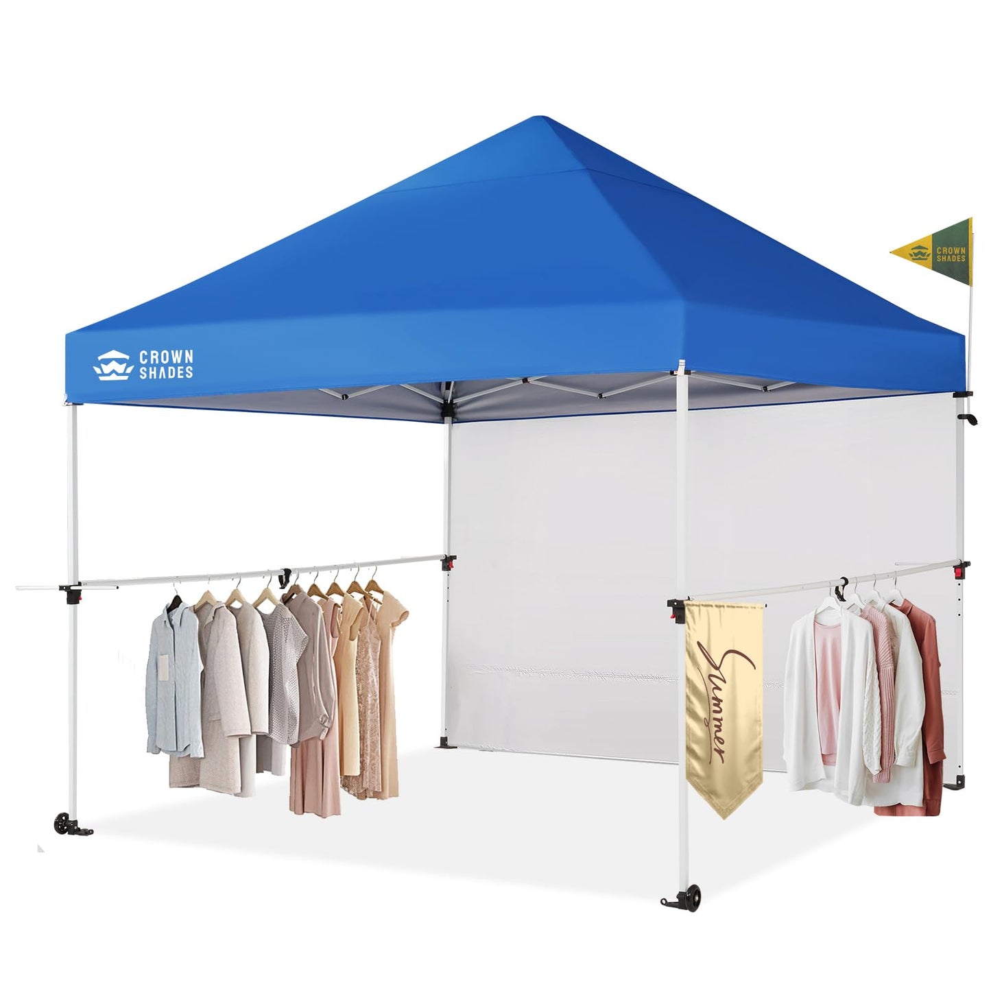 CROWN SHADES 10x10 Pop Up Commercial Canopy Tent, Patented One Push Setup, Heavy Duty Vendor Tent, 1 Removable Sidewall, 4" Wheels, STO-N-Go Bag, 400D Silver Coated, UPF 50+ Waterproof, Blue