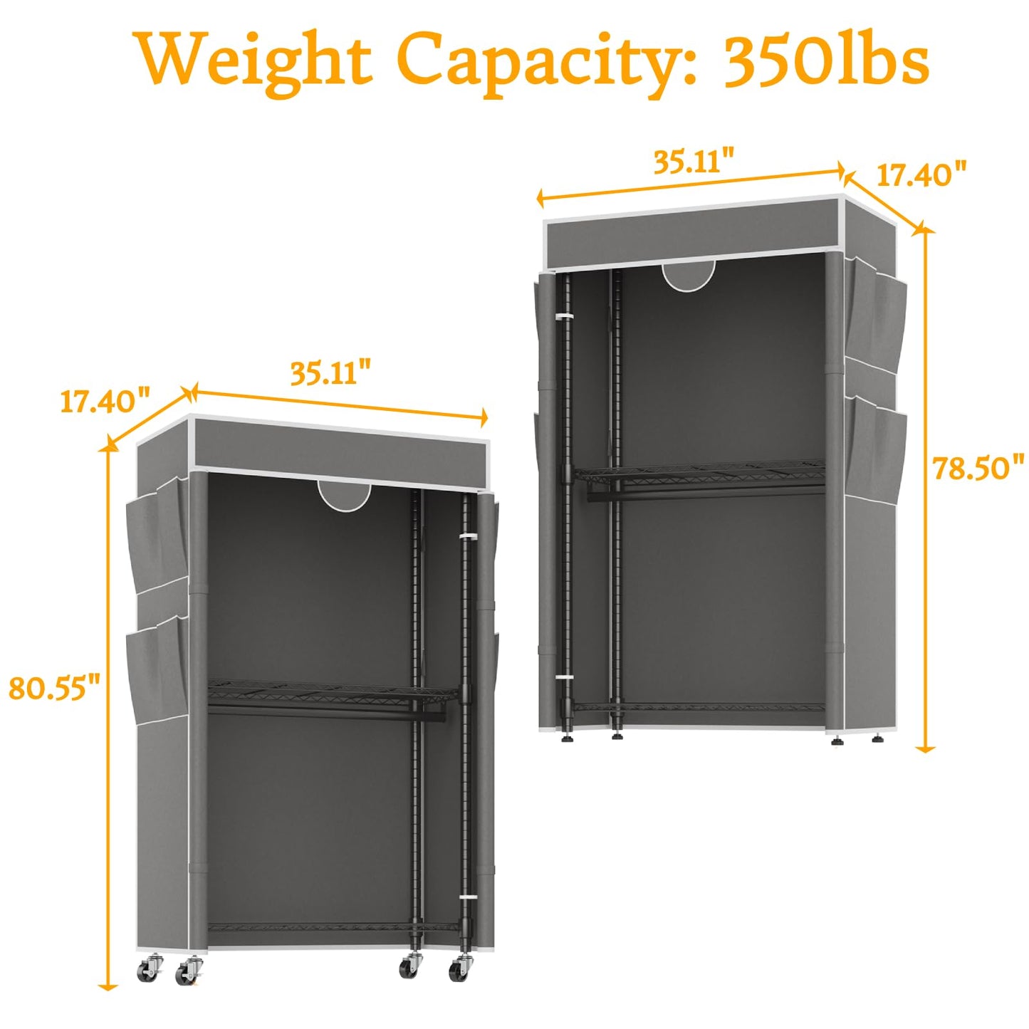 Homdox Garment Rack with Cover, Heavy Duty Clothing Rack for Hanging Clothes, Portable Closet Wardrobe, Double Rods Garment Rack with wheels, 35.1" W x 17.4" D x 80.6" H, Gray