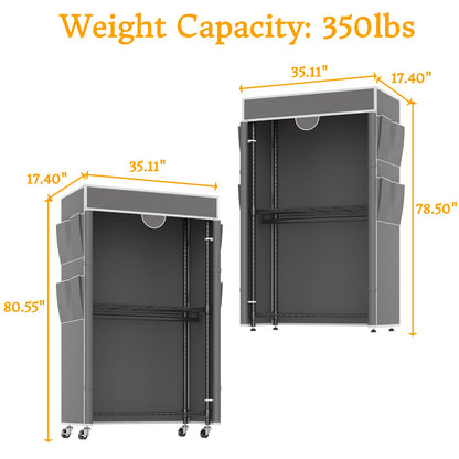 Homdox Garment Rack with Cover, Heavy Duty Clothing Rack for Hanging Clothes, Portable Closet Wardrobe, Double Rods Garment Rack with wheels, 35.1" W x 17.4" D x 80.6" H, Gray