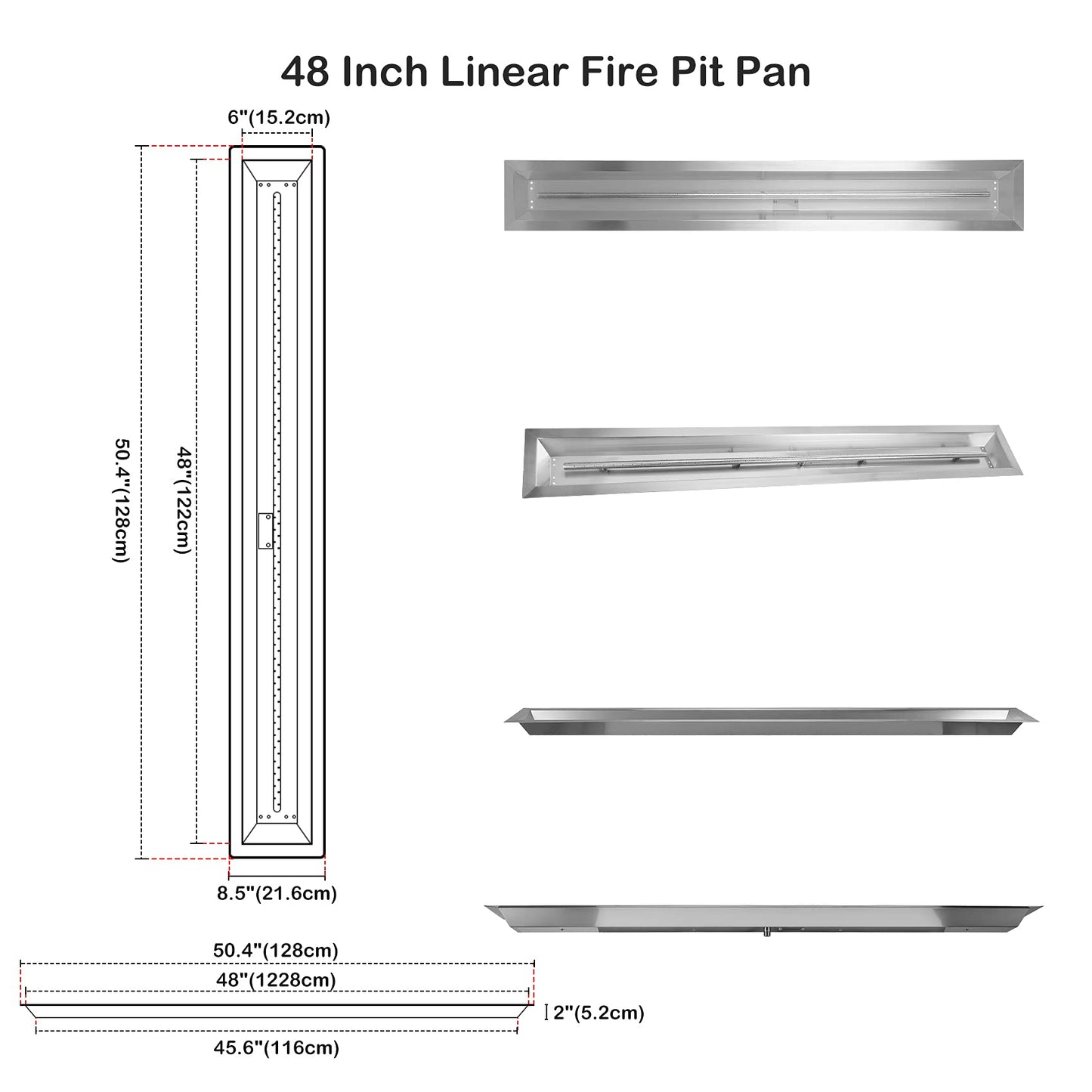 Stanbroil 48 x 6 Inch Linear Natural Gas Fire Pit Burner with Spark Ignition Kit, Stainless Steel Gas Fire Pit Kit Insert for DIY Fireplace, 91,000 BTU'S Max