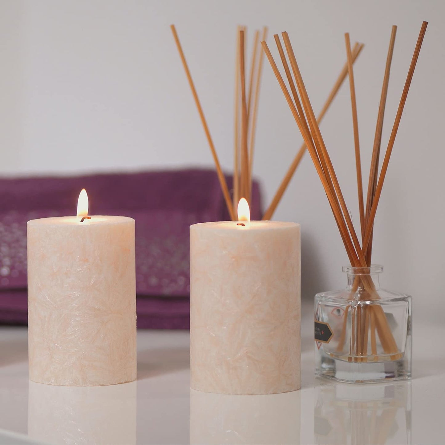 Tall Unscented Pillar Natural Candles, Clean Burning, Dripless, Smokeless Set of 2 (2.75” x 6” Marble White)