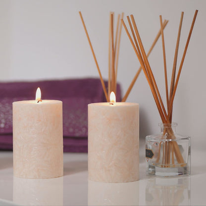 Tall Unscented Pillar Natural Candles, Clean Burning, Dripless, Smokeless Set of 2 (2.75” x 6” Marble White)