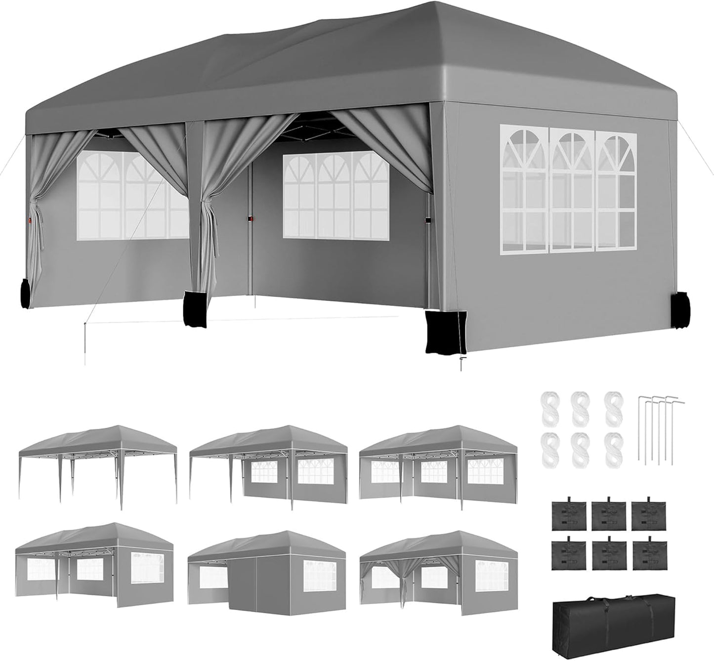 10x20 ft Party Tent, Heavy Duty Pop Up Commercial Canopy with 6 Removable Sidewalls, Waterproof Outdoor Wedding Event Shelter for Patio Backyard Gathering, Grey