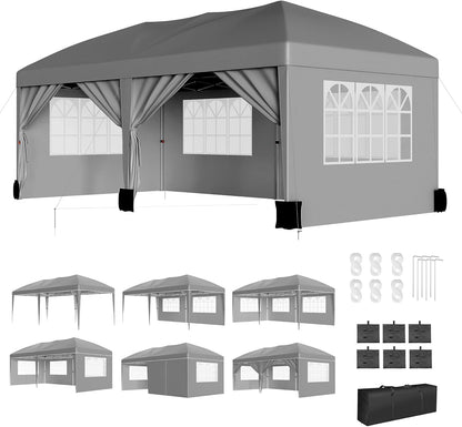 10x20 ft Party Tent, Heavy Duty Pop Up Commercial Canopy with 6 Removable Sidewalls, Waterproof Outdoor Wedding Event Shelter for Patio Backyard Gathering, Grey