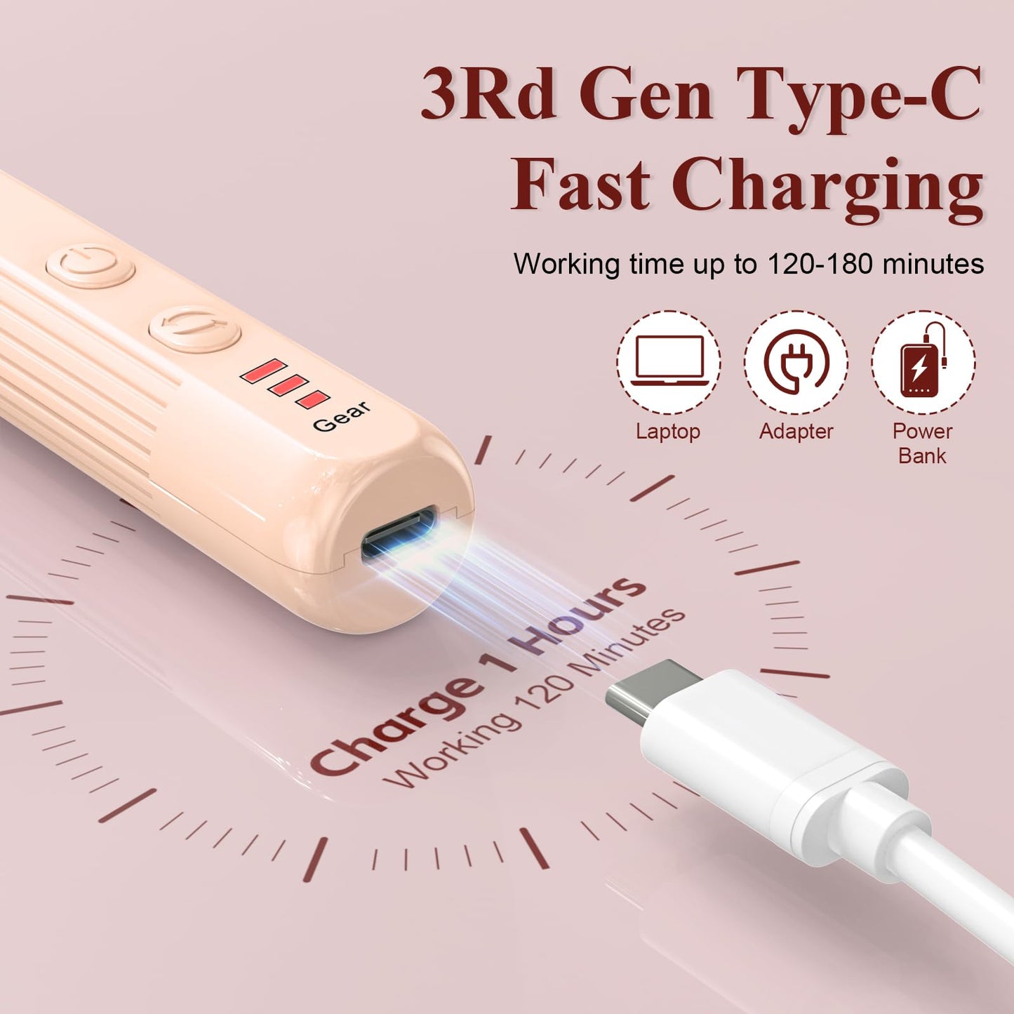 Professional Nail Drill Set, 2,0000 RPM Electric Nail File with 12 Grinding Head & 100Pcs Sanding Bands for Acrylic Gel Nails, Manicure and Polishing (Beige)