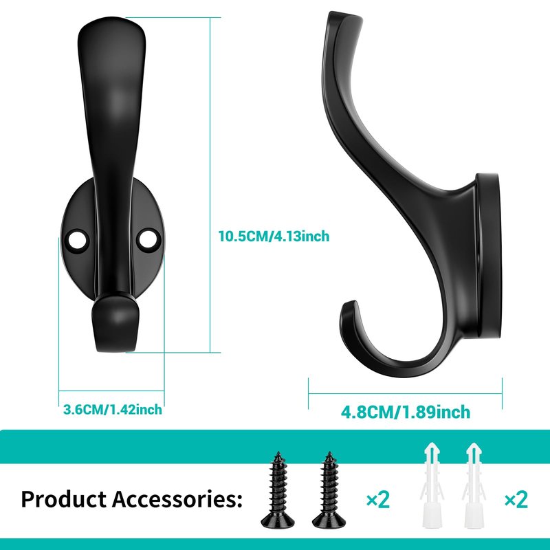 Ruiziiz Coat Hooks Heavy Duty - Wall Mount Metal Towel Hooks Screw-in Wall Hooks for Hanging Hat, Towel, Key, Robe, Scarf, Bag, Cap (6 PCS Black)