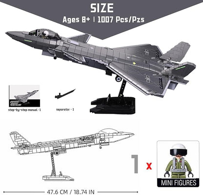 Chengdu J-20 Stealth Air Superiority Fighter Mighty Dragon Building Toy - Military Army Set with Display Stand Includes 1 Toy Soldier - 1:44 Scale 1007 PCS