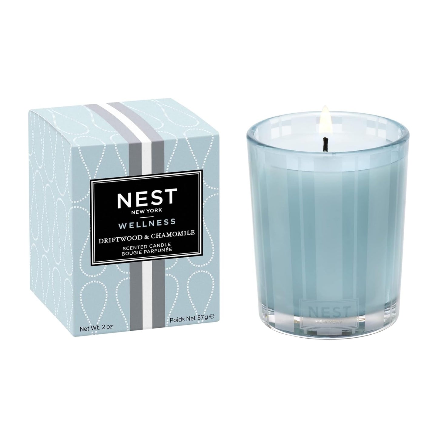 NEST New York Scented Votive Candle, Driftwood & Chamomile - 2 oz - Up to 28-Hour Burn Time - Reusable Glass Vessel