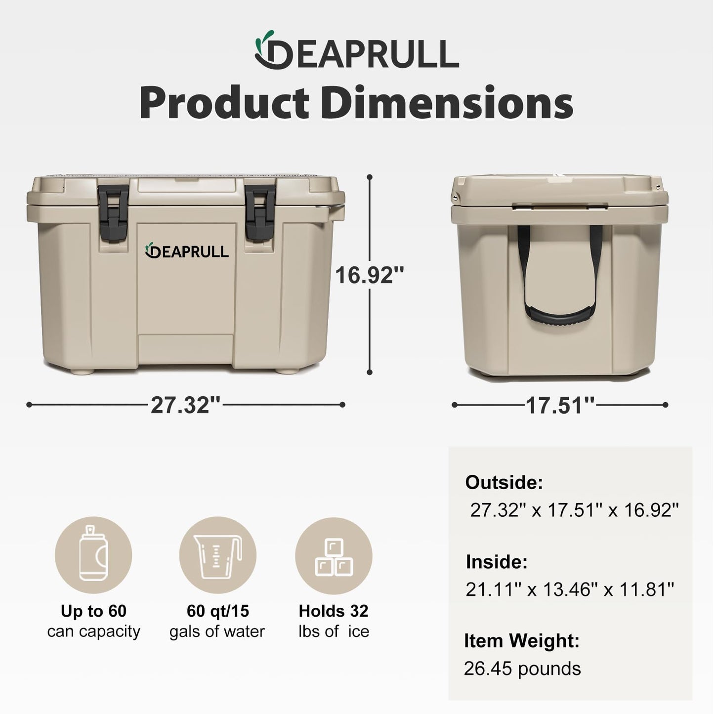 60 Quart Hard Cooler, Insulated Ice Chest Box Holds Ice for up to 6 Days, Portable Cooler with Nylon Rope Handles, Cup Holders, Double Latches for Camping Drink, Beach, Picnic, Fishing, Boat, Barbecue