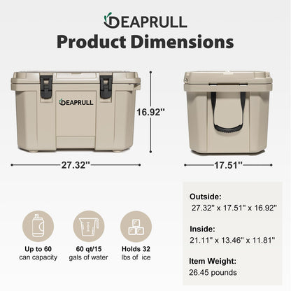 60 Quart Hard Cooler, Insulated Ice Chest Box Holds Ice for up to 6 Days, Portable Cooler with Nylon Rope Handles, Cup Holders, Double Latches for Camping Drink, Beach, Picnic, Fishing, Boat, Barbecue
