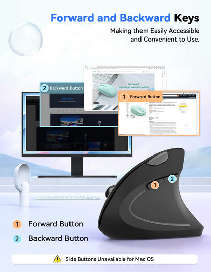 TECKNET 2.4G Ergonomic Mouse Vertical Wireless - 4800 DPI Optical Carpal Tunnel Mouse Right Hand, 5 Adjustable DPI, Quiet Clicks, 6 Buttons for Laptop, Desktop, PC, Computer - Black