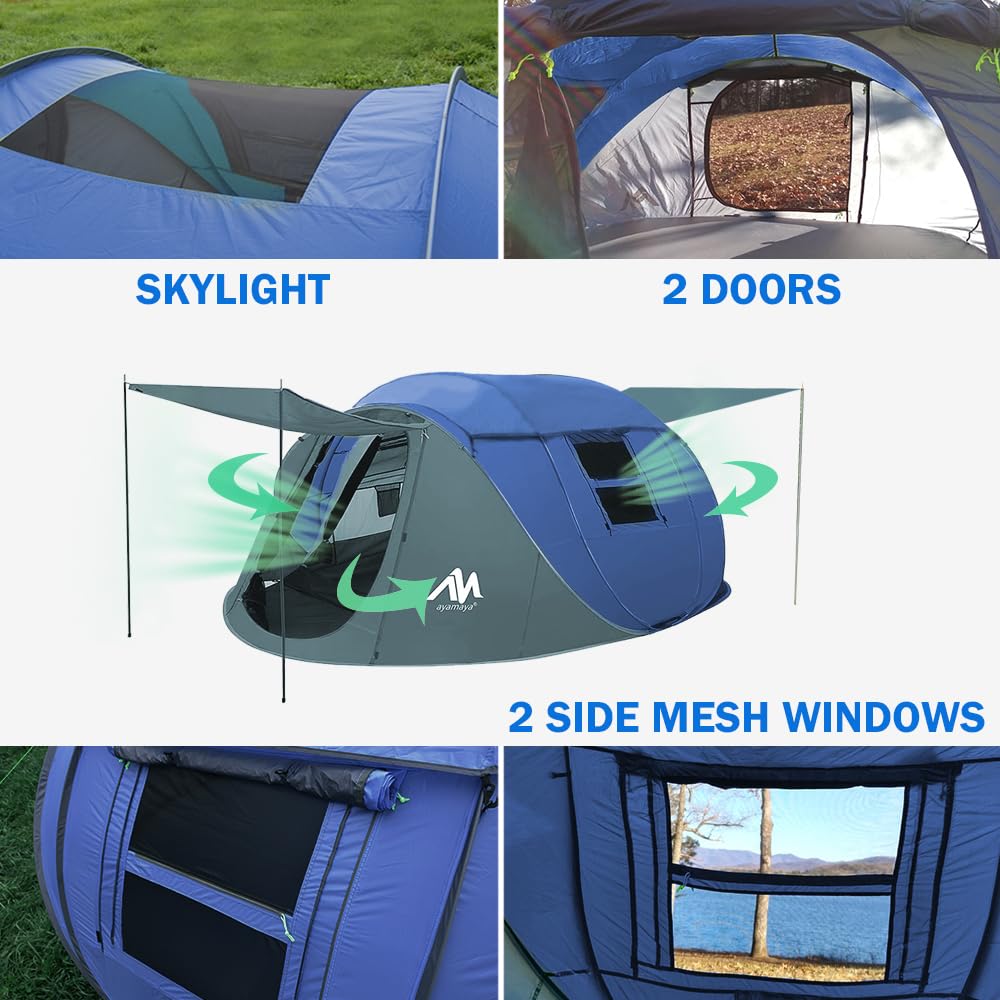 4 Person Pop Up Tents for Camping - AYAMAYA Waterproof Instant Family Tents with Skylight & Removable Rainfly, Upgraded Large Size with 2 Doors -Automatic Easy Setup Beach Tent with Poles