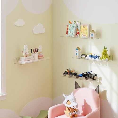 Dooiclear 4 Pack Acrylic Floating Wall Shelves - 15" Clear Book Display Organizers for Home & Office Decor