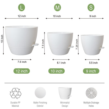 UOUZ Large Self Watering Pots, 12/10/9 Plastic Planters with High Drainage Holes and Deep Reservoir for Indoor Outdoor Garden Plants and Flowers, White