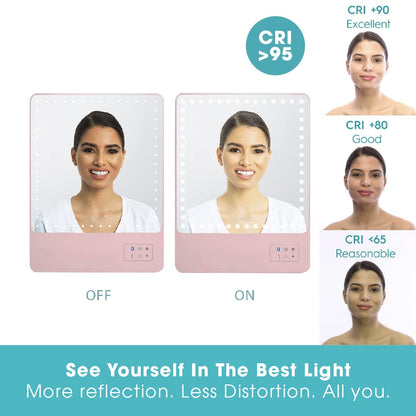 GLAMCOR Riki Skinny Smart Vanity Mirror with HD LEDs, Magnifying Mirror Attachment, Phone Holder and Bluetooth Control (Rose Gold, 10X Magnification)