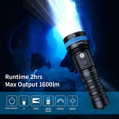 XTAR D26 1600 Lumen Scuba Diving Flashlight Dive Torch Underwater 100 Meters Submarine Lights for Under Water Deep Sea Cave at Night (Full Set)