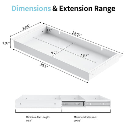 ERGO COLLECT Under Desk Drawer,20.1 inch Carbon Steel Slide-Out Under Table Storage Organizer With Full Extension Ball-Bearing Slides,Undermount Drawer For Standing Desk & Home Office,White