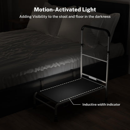 WISDEER Bedside Step Stool for Elderly - Adjustable Handle Motion Sensor LED Light Non-Slip Surface Heavy Duty Steel Supports Up to 400 lbs Ideal for Safe Bed Access, White