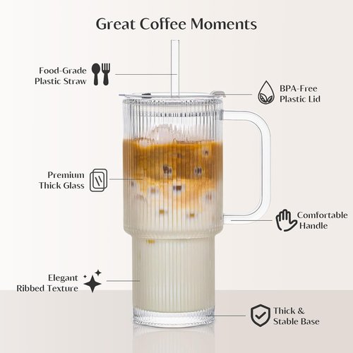 INSETLAN 24oz Ribbed Glass Tumbler Set - 2-Pack Large Iced Coffee Cups with Straws & Lids | Modern Travel Mugs for Cold & Hot Beverages