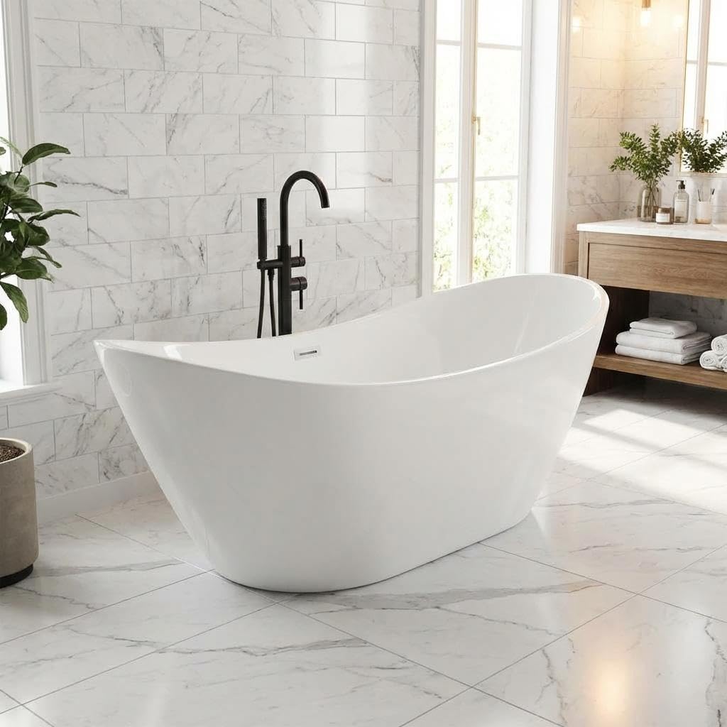 67" Acrylic Freestanding Bathtub, Contemporary Double-Walled Insulated Soaking Tub with Anti-Clog Drain & Overflow, cUPC Certified Heavy-Duty Resin Reinforcement, White