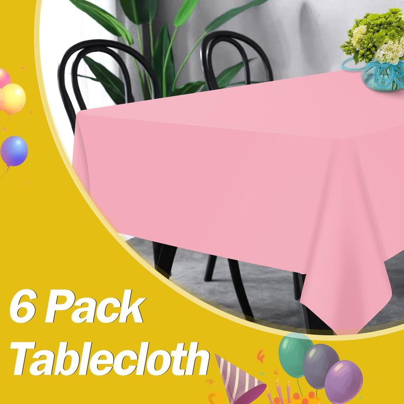 tujol Pink 6 Pack Plastic Table Cloth 54" x 108", Disposable Tablecloths Rectangle Table Cover, Plastic Tablecloths for Parties