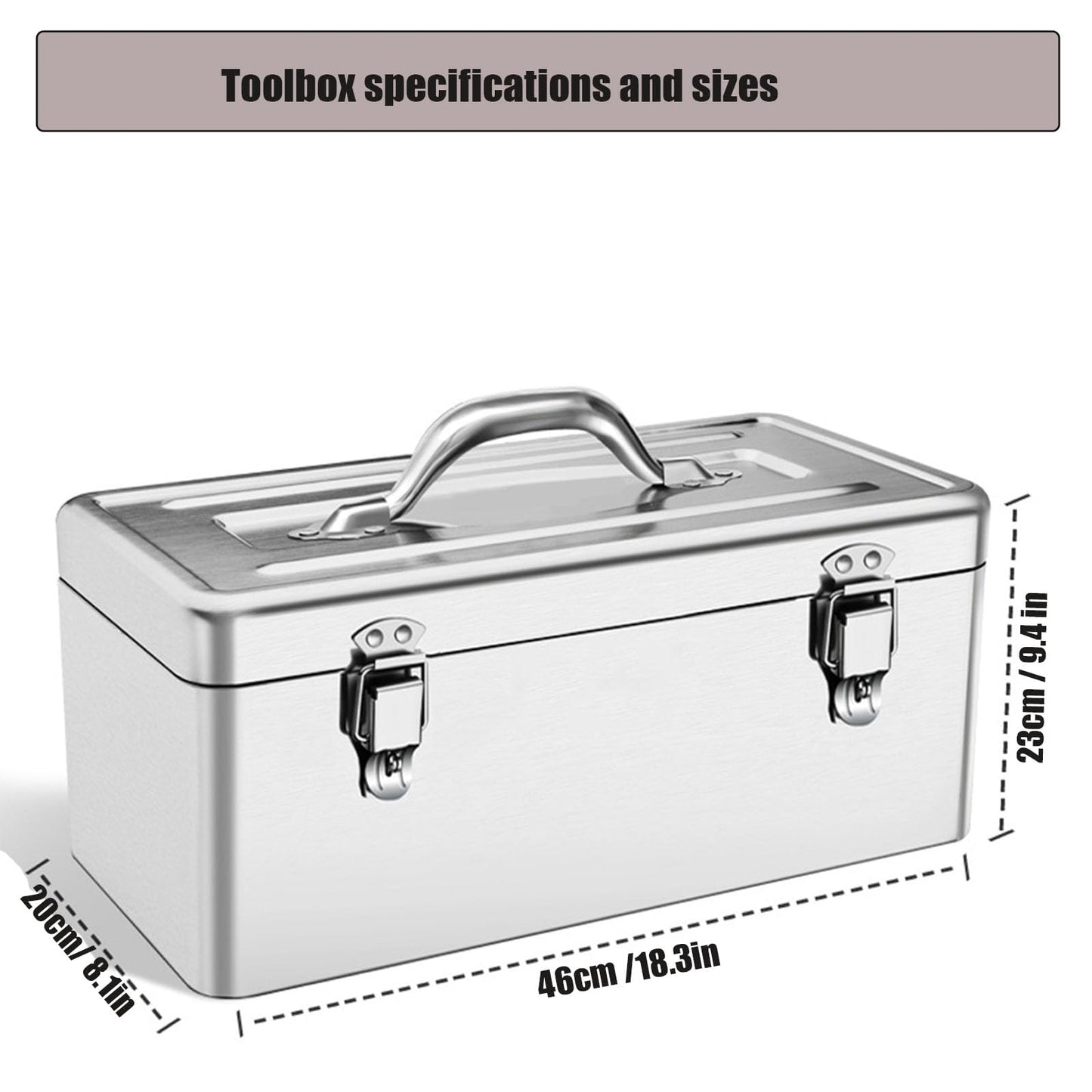 GRPDMDM 18" Metal ToolBox,Stainless Steel Tool Box,Heavy Duty Portable Tool Box,2 Layer with Carrying Handle metal locking latches make and Removable Tray,for Garage Workshop (Silver)