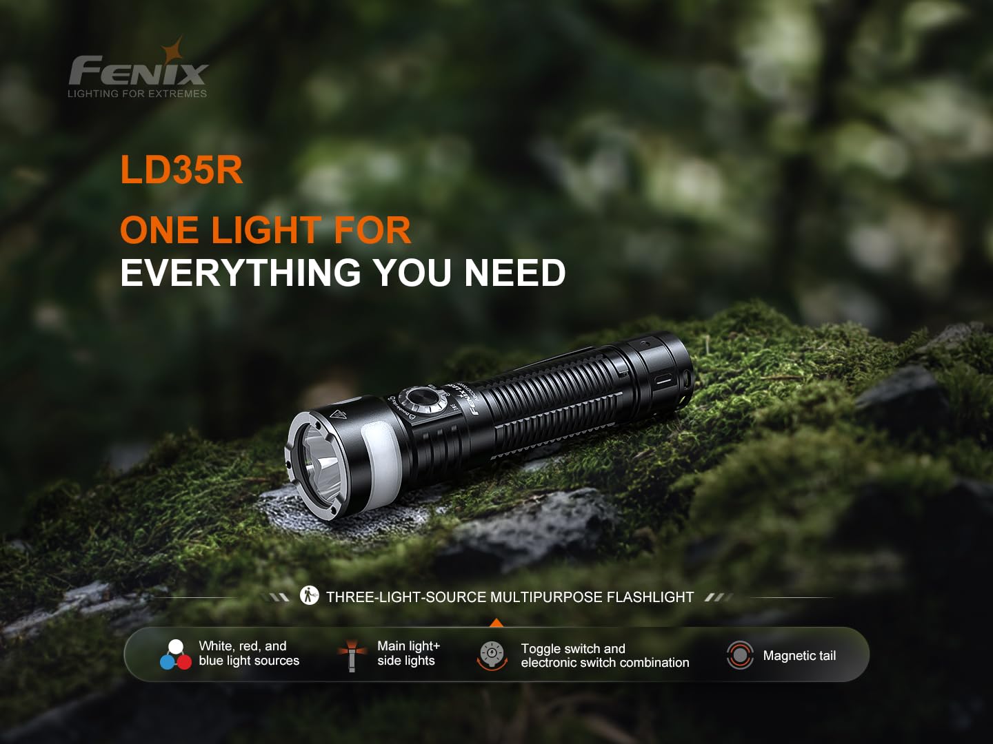 Fenix LD35R 1800 Lumens USB-C Rechargeable Flashlight, with White, Red, and Blue Multi-Color Outputs 360 Degree Illumination and Lumentac Organizer
