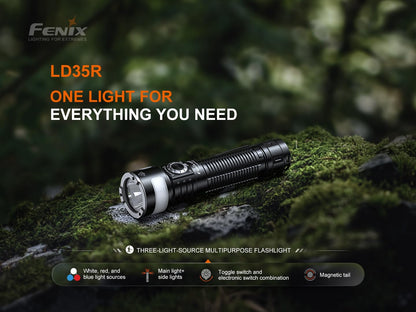 Fenix LD35R 1800 Lumens USB-C Rechargeable Flashlight, with White, Red, and Blue Multi-Color Outputs 360 Degree Illumination and Lumentac Organizer