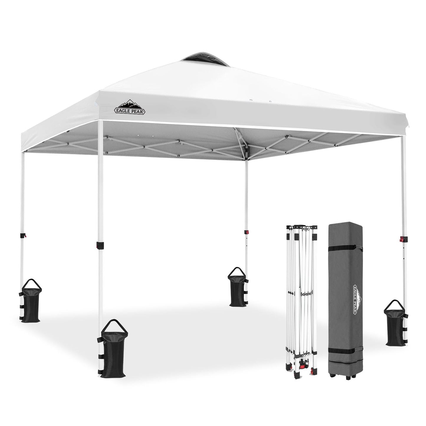 EAGLE PEAK Pop Up Canopy Tent with Wheeled Carry Bag, 8 Stakes, 4 Ropes, 4 Weight Bags, Easy Set Up Tent Canopy, 10x10 ft, 100sqft of Shade, White