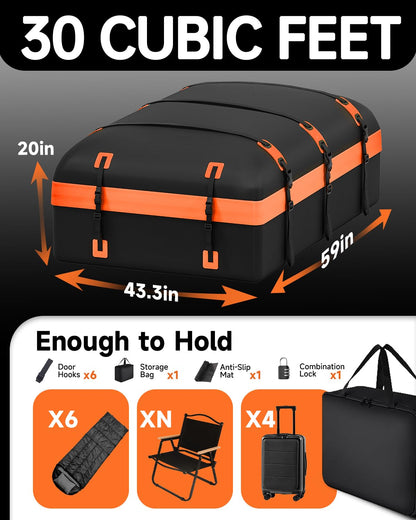 Car Rooftop Cargo Carrier Bag 30 Cubic Feet, Soft-Shell Luggage Cargo Bag Waterproof Bag, Include 2 Reinforced Straps, 6 Door Hooks, Anti-Slip Mat, Luggage Lock