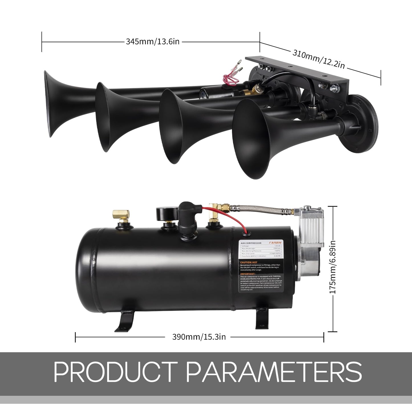 AOLIHAN Super Loud Train Horns Kit,180dB Four Trumpet Truck Horns with 150 PSI Air Tank,12V Air horn with 0.8 gallon Air Compressor Can for Truck, Jeep,Pickup,SUV (Black truck parallel horn kit)