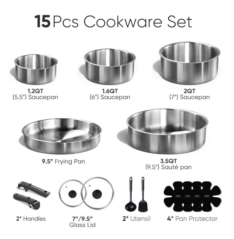CAROTE Nonstick Cookware Sets, Non Stick Pots and Pans Set Detachable Handle, Kitchen Cookware Sets with Removable Handle, Stackable RV Cookware for Campers, Oven Safe (White 5 PCS)