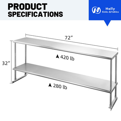 Hally Double Overshelf of Stainless Steel 12'' x 72'' Weight Capacity 420lb, Commercial 2 Tier Shelf for Prep & Work Table in Restaurant, Home or Kitchen