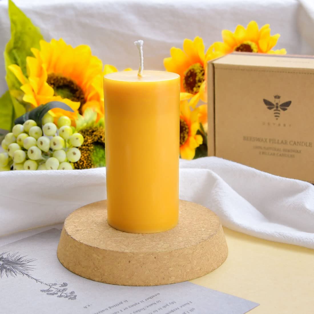 DEYBBY 2x4 inch Natural Beeswax Pillar Candle Set of 2, Smokeless Dripless Pure Organic Beeswax Candle with Natural Scent for Home Decor Blackout Housewarming Party Event, Long Burn, Yellow