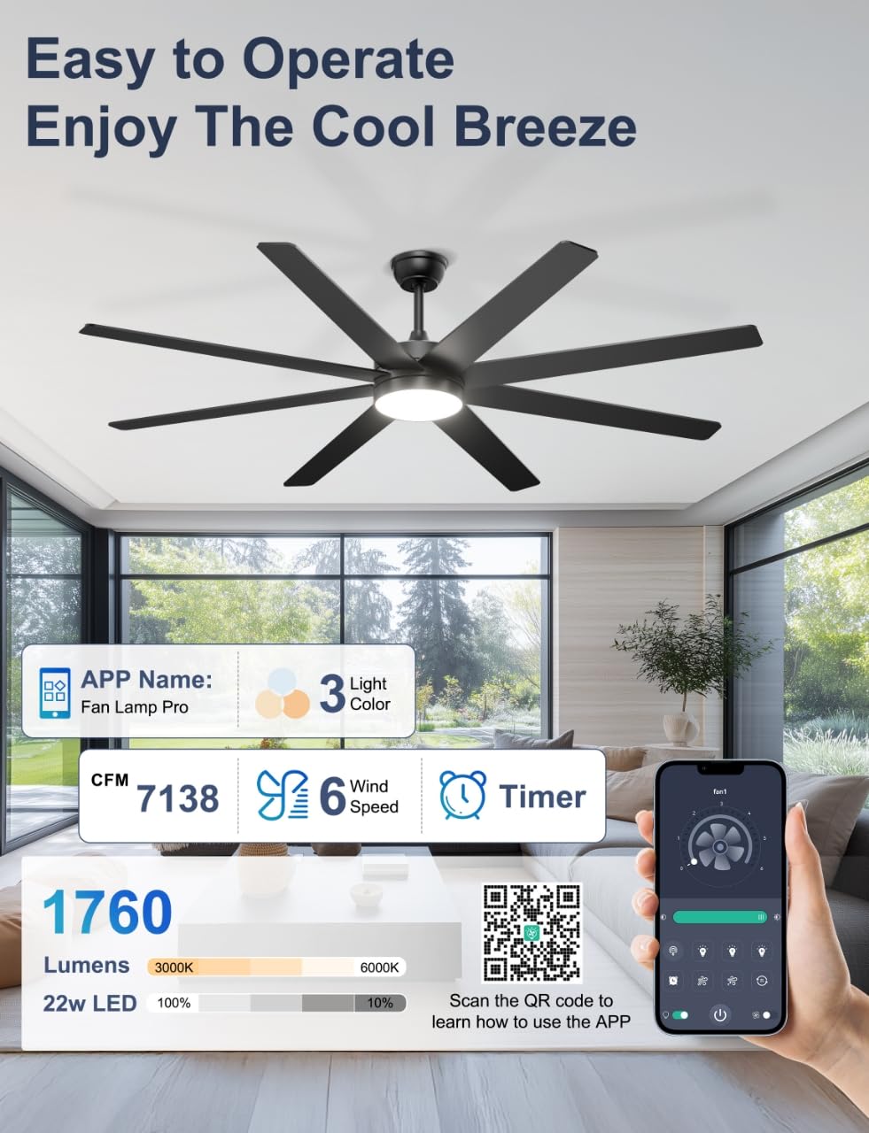 Phylluz 72'' Large Ceiling Fans with Lights, Modern Black Ceiling Fan Remote/APP Control, Dimmable, Quiet DC Motor Big Ceiling Fan for Indoor/Covered Outdoor