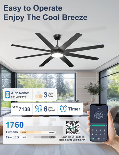 Phylluz 72'' Large Ceiling Fans with Lights, Modern Black Ceiling Fan Remote/APP Control, Dimmable, Quiet DC Motor Big Ceiling Fan for Indoor/Covered Outdoor