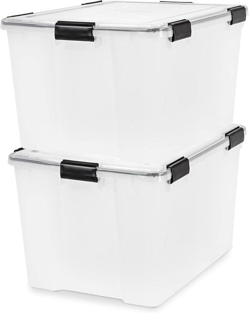 IRIS USA WeatherPro 74 Qt Storage Bins - BPA-Free Plastic with Tight Seal & Lids | Stackable Clear/Black 2 Pack